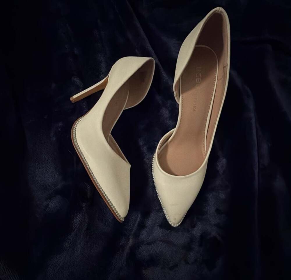 BCBGeneration Cream Satin Pointed Toe D'Orsay Pumps with Rhinestone Trim